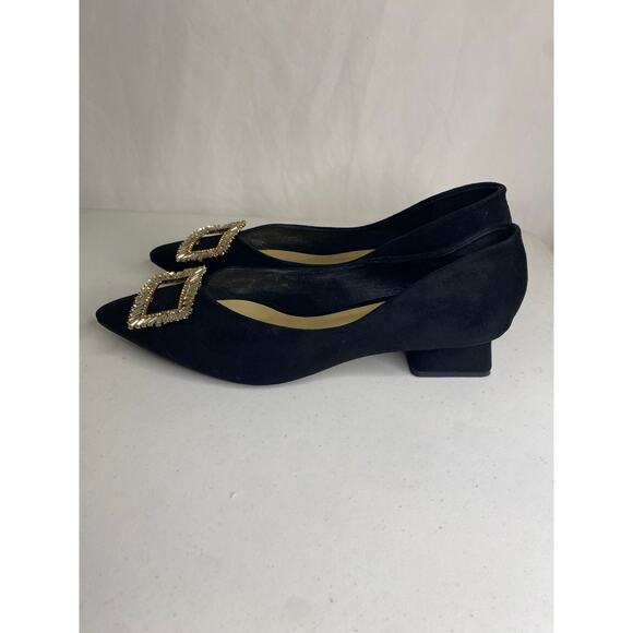 NEW C. Paravano Black Pointy Toe Low Heels Dress Pumps Rhinestone Buckle 42 11 - Picture 5 of 14